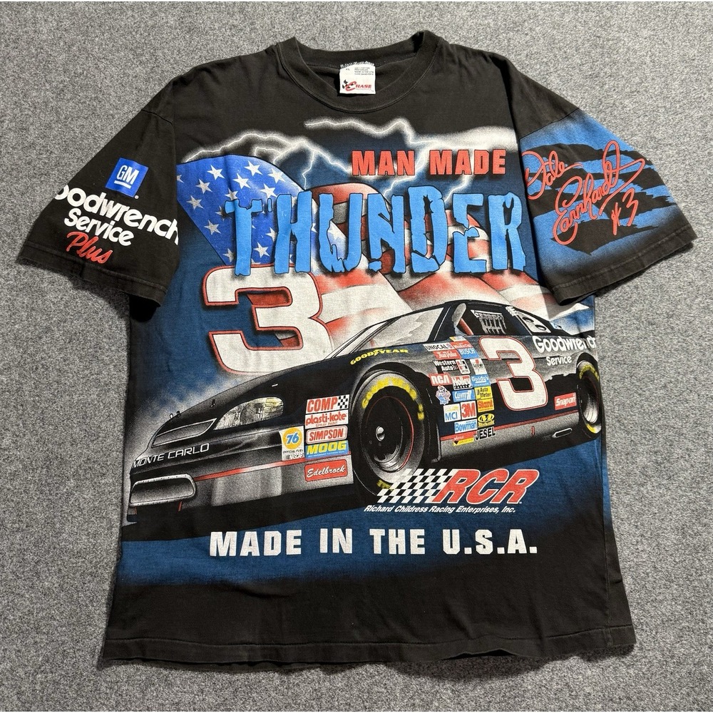 Vintage 90s Nascar Dale‎ Earnhardt Man Made Thunder All Over Black T-Shirt XL